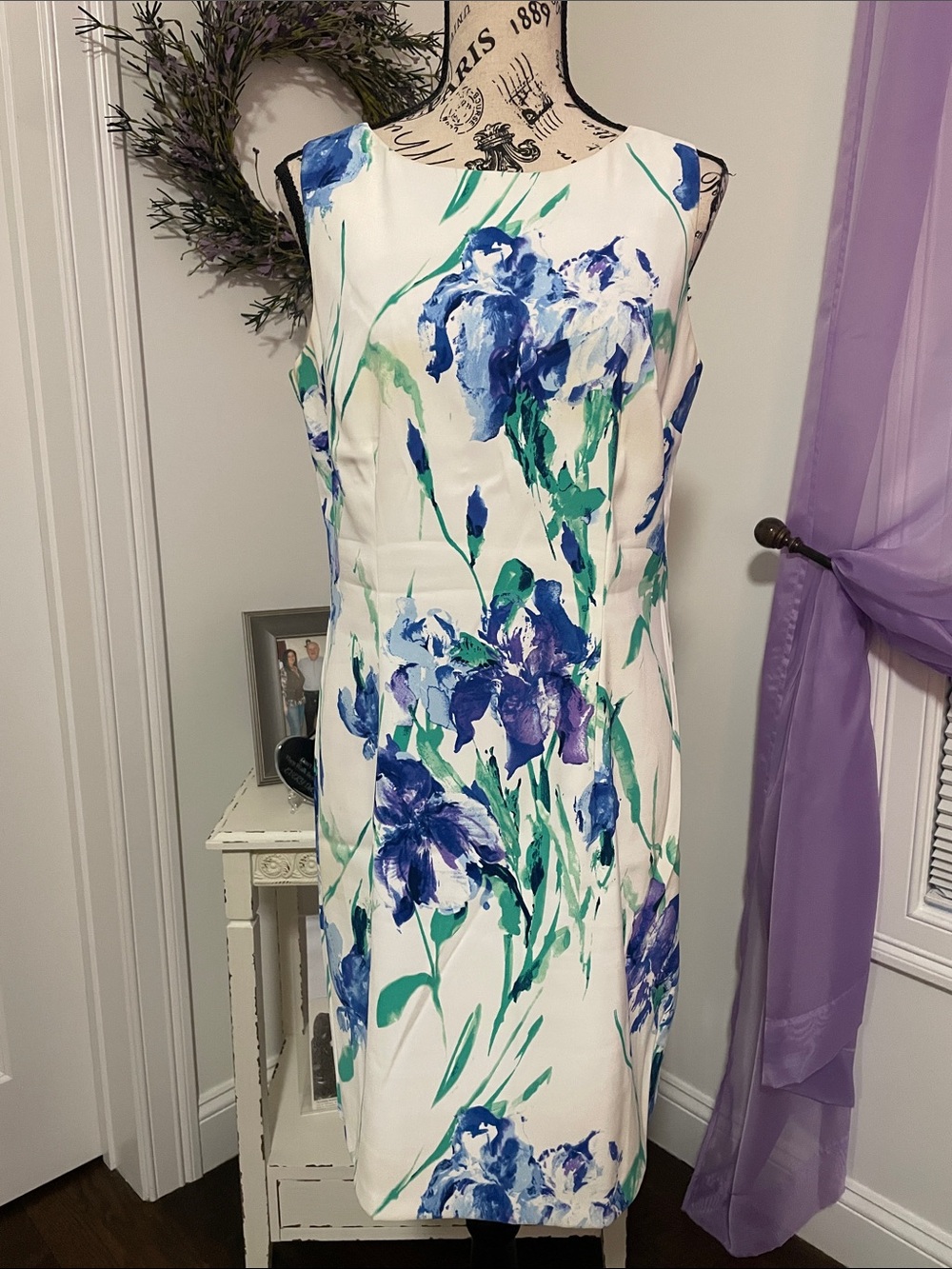 Alyx White Midi Sheath Dress with Blue and Green Floral Print
